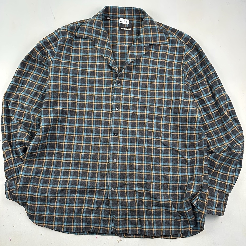 VTG Paul Stuart Plaid Flannel Shirt Men's XL Blue Gray Brushed Twill Herringbone